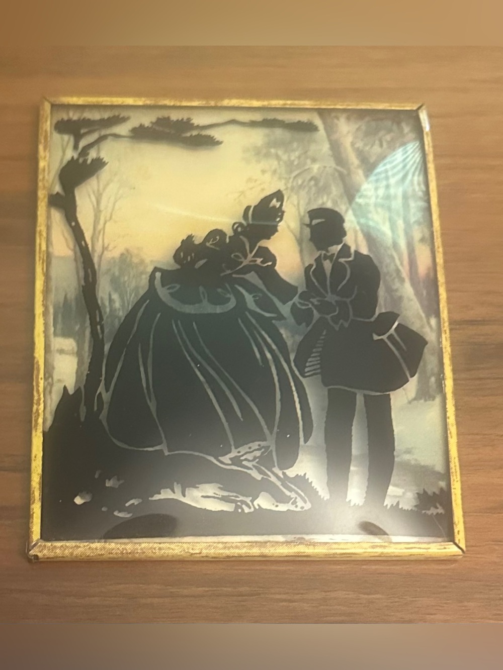 Romantic 1940s Silhouette Convex Glass Framed Art - Black & Gold Bubble Glass